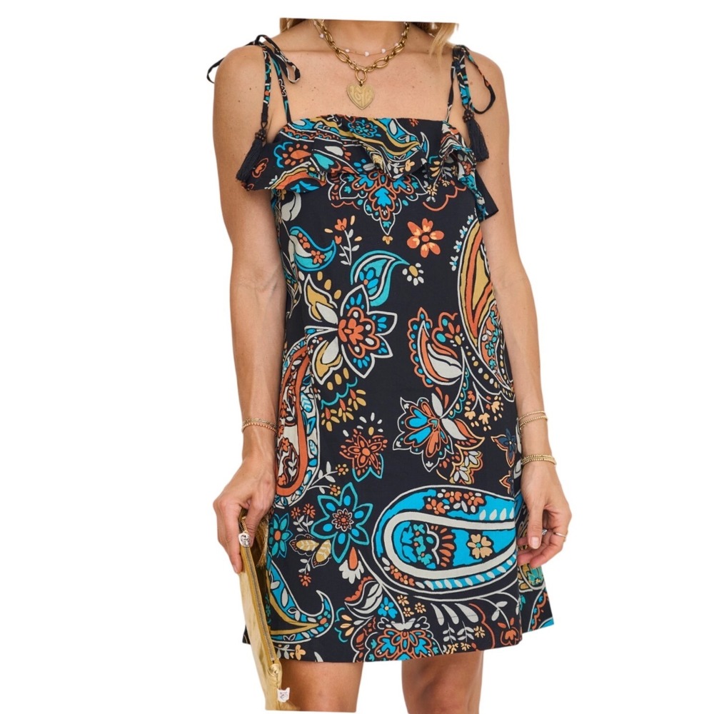 PINCH Avara NWT Colette Paisley Boho Ruffle Tassel Summer Resort Mini Dress XS